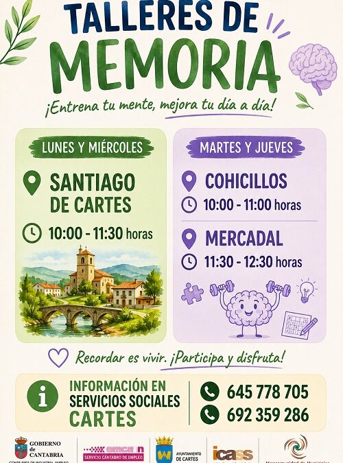 La Mancomunidad Altamira- Los Valles, junto a el Ayuntamiento de Cartes y los Servicios Sociales del Municipio, adapta el horario de los Talleres de Memoria para personas mayores a partir del 20 de julio.