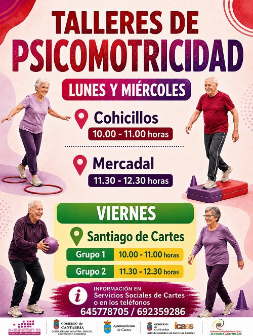 El Taller de Psicomotricidad para personas mayores de la Mancomunidad Altamira-Los Valles, puesto en marcha en el municipio de Cartes en Julio, cambia sus horarios.